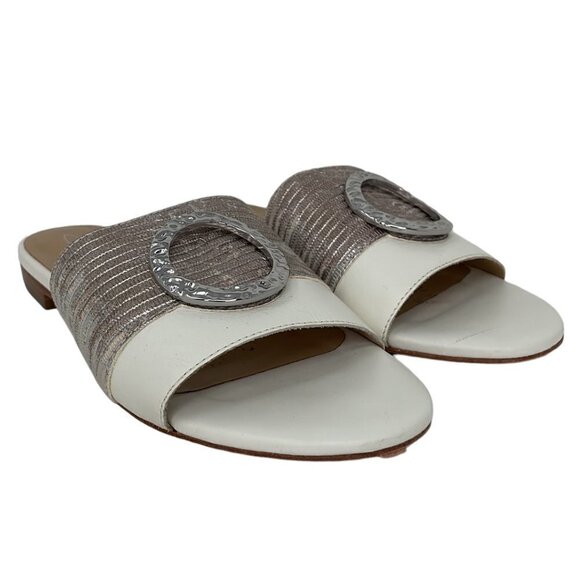 Joan Oloff Sandals Flats White Leather Silver Buckle Size 6.5 - Picture 6 of 13
